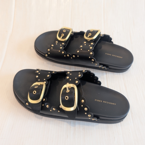 AMERICAN EAGLE Women's Gold Studded Double-Buckle Black Slide Sandals Size 9 - Picture 4 of 10